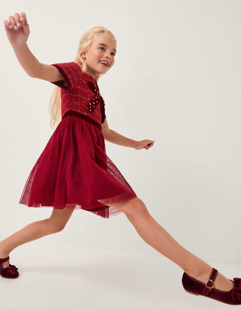 Diamanté Bow Tweed Party Dress, Red (RED), large