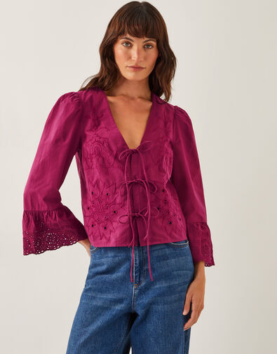 Saoirse Broderie Tie Blouse, Red (BURGUNDY), large