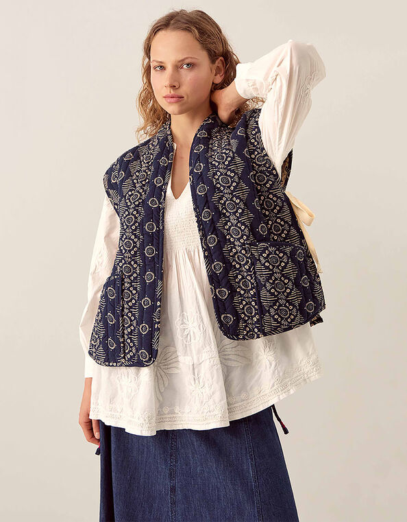 East Celine Printed Textured Cotton Gilet, Blue (NAVY), large