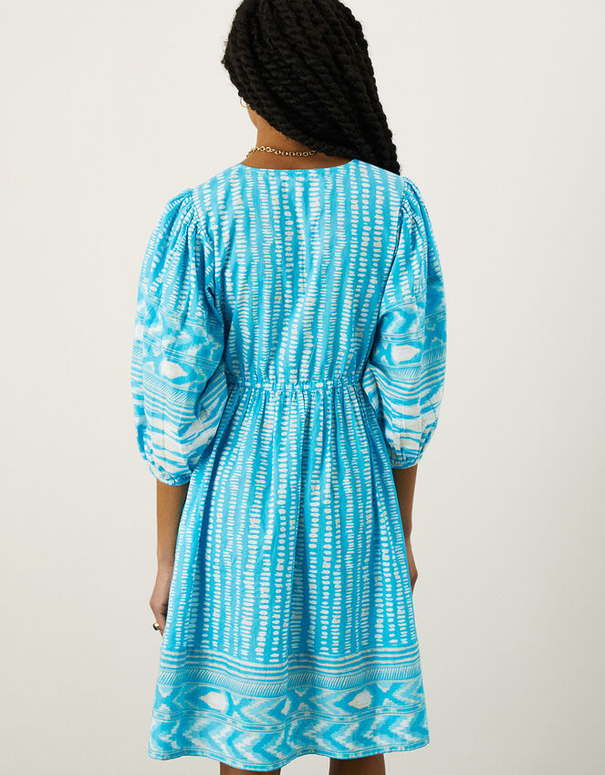 Ikat Spot Print Smock Dress in Sustainable Cotton, Blue (BLUE), large