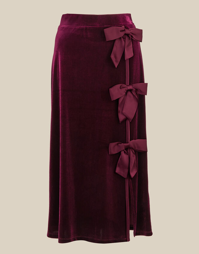 Buffy Bow Velvet Midi Skirt, Red (BURGUNDY), large
