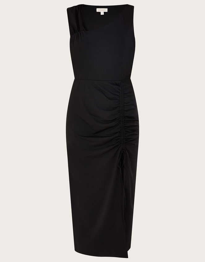 Sleeveless Ruched Midi Jersey Dress, Black (BLACK), large