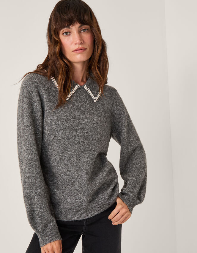 Caryn Embellished Collar Sweater, Gray (GREY), large