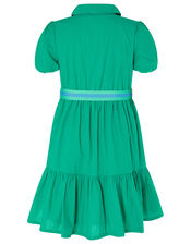 Puff Sleeve Belted Shirt Dress, Green (GREEN), large