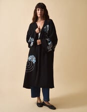 Clemence Butterfly Embroidered Long Kimono, Black (BLACK), large