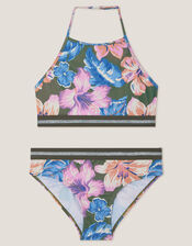 Floral Halter Bralette Bikini Set, Green (KHAKI), large