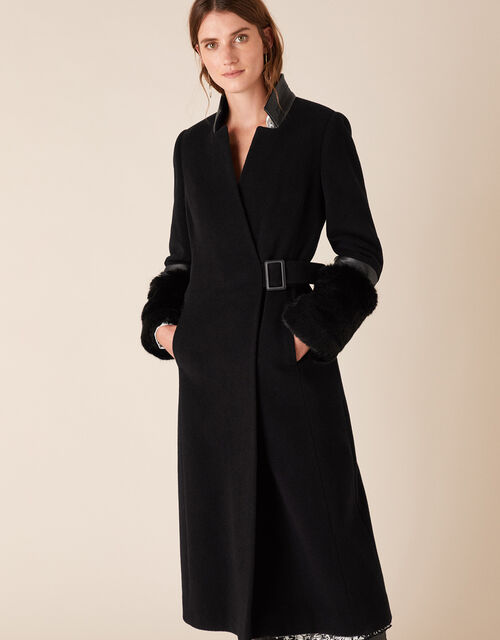 Faux Fur Cuff Maxi Coat In Wool Blend, Fur Cuff Coat For Womens
