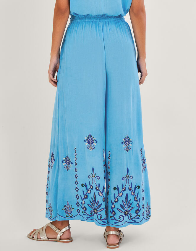 Embroidered Wide Leg Pants in Lenzing™ Ecovero™, Blue (BLUE), large