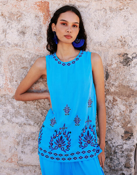 Embroidered Sleeveless Tank Top in LENZING™ ECOVERO™, Blue (BLUE), large