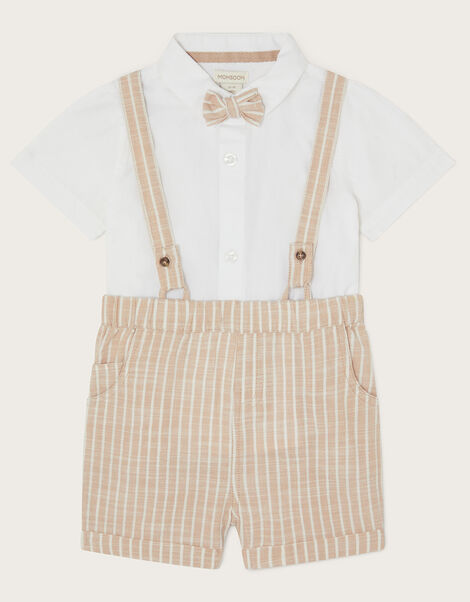Newborn Sammy Stripe Braces Short Set, Natural (STONE), large