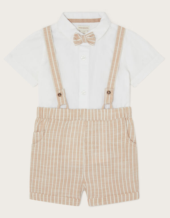 Newborn Sammy Stripe Braces Short Set, Natural (STONE), large