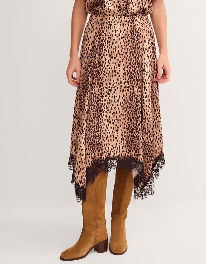 Babette Leopard Print Midi Slip Skirt, Brown (BROWN), large