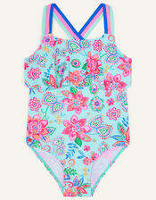 Star Flower Print Ruffle Swimsuit, Blue (TURQUOISE), large