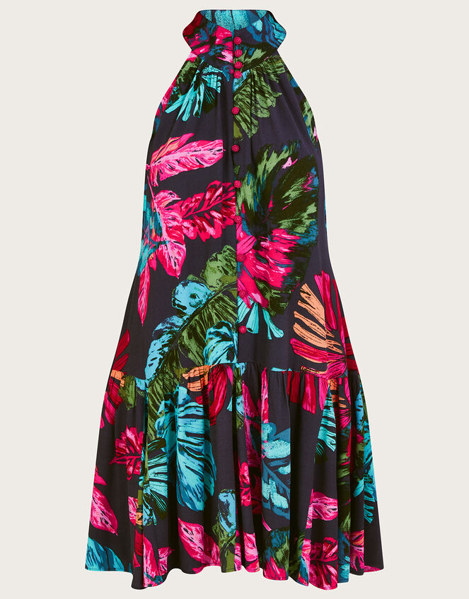 Bria Palm Print Halter Dress, Blue (MIDNIGHT), large