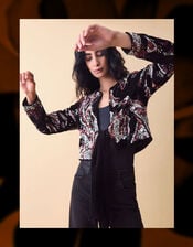 Clemence Rosalie Cropped Sequin Velvet Jacket, Black (BLACK), large