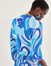 Tie Front Swirl Print Crop Top, Blue (BLUE), large