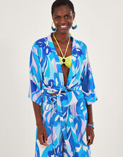 Tie Front Swirl Print Crop Top, Blue (BLUE), large