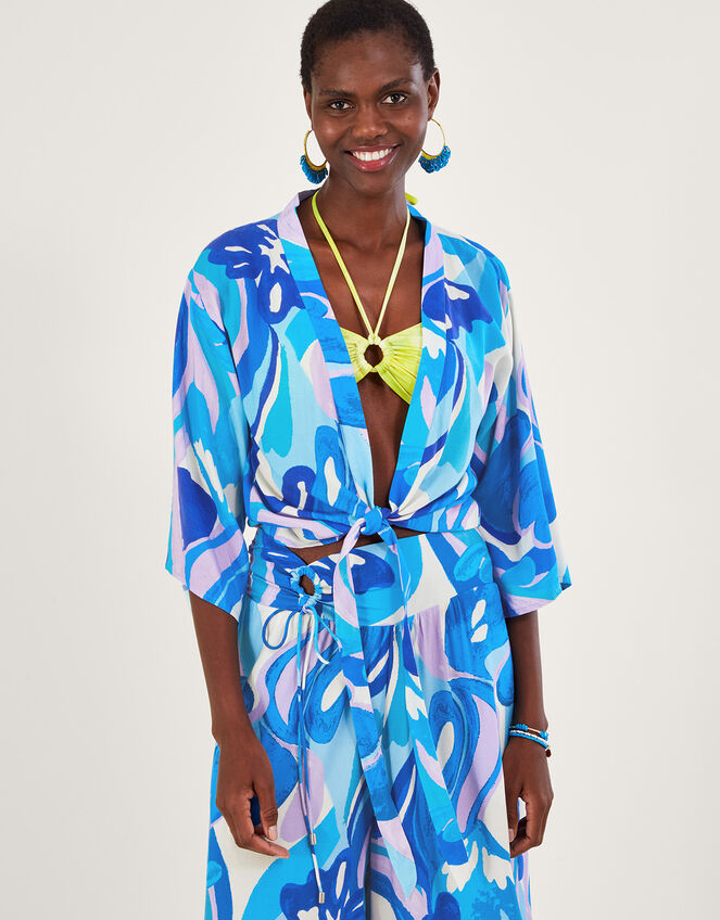 Tie Front Swirl Print Crop Top, Blue (BLUE), large