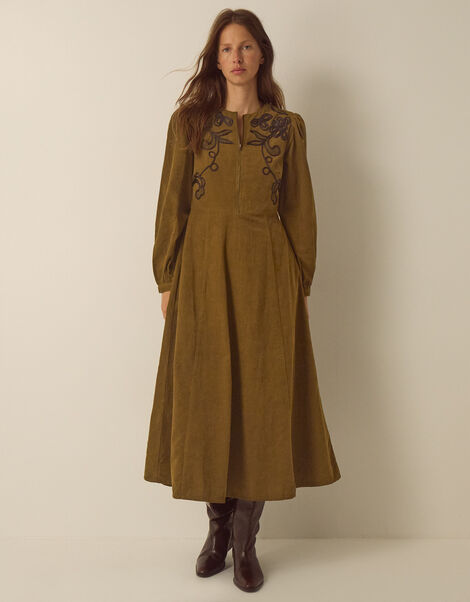 Edie Long Sleeve Embroidered Corduroy Midi Dress, Green (CHARTREUSE), large