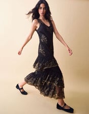 Clemence Isabelle Embroidered Tiered Midi Dress, Black (BLACK), large