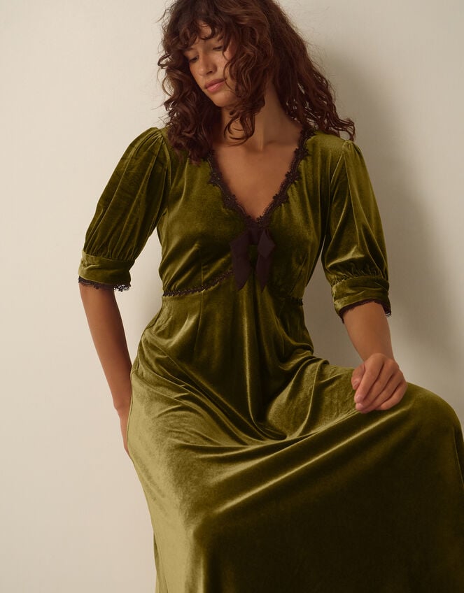 Vera V-Neck Velvet Midi Dress, Green (OLIVE), large