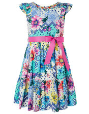 Blue Flower and Polka-Dot Tiered Dress, Blue (BLUE), large