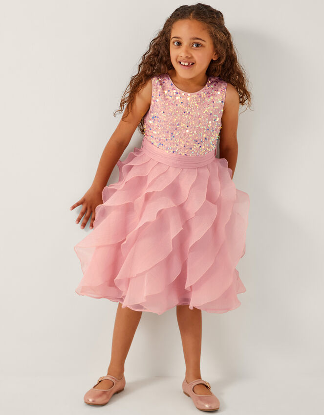 Sequin Waterfall Ruffle Party Dress, Pink (PINK), large