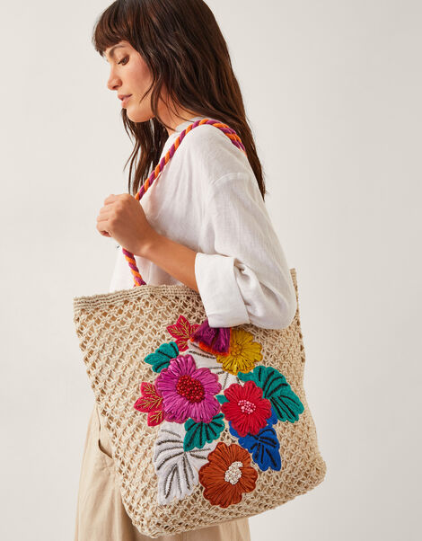 Zoe Embroidered Crochet Tote Bag, , large