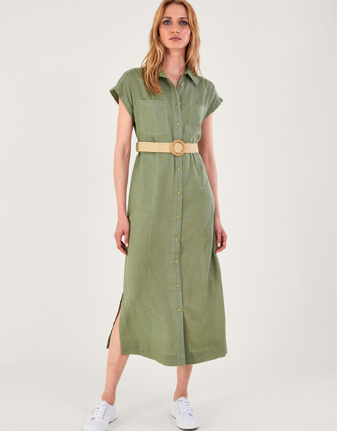 Belted Midi Dress in Linen Blend Green