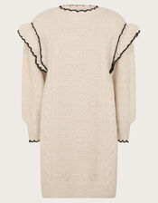 Frill Cable Knit Jumper Dress, Camel (OATMEAL), large