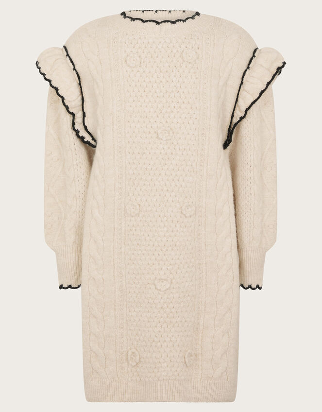 Frill Cable Knit Jumper Dress, Camel (OATMEAL), large