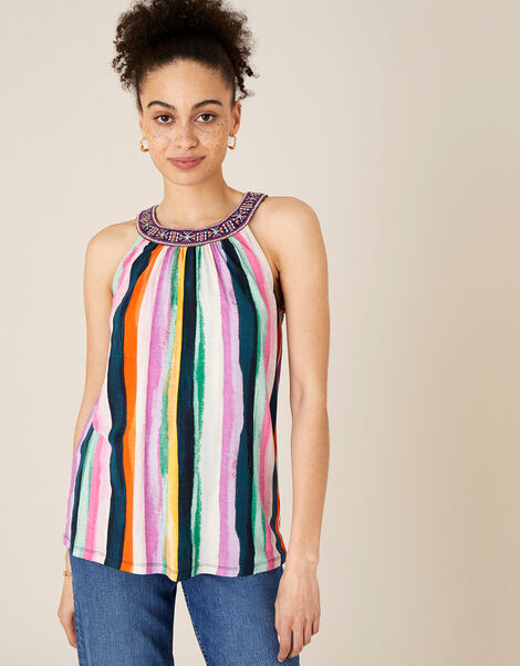 Embroidered Neck Stripe Cami Blue, Blue (NAVY), large