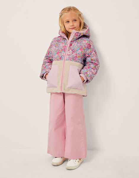 Floral Faux Shearling Hooded Jacket, Pink (PINK), large