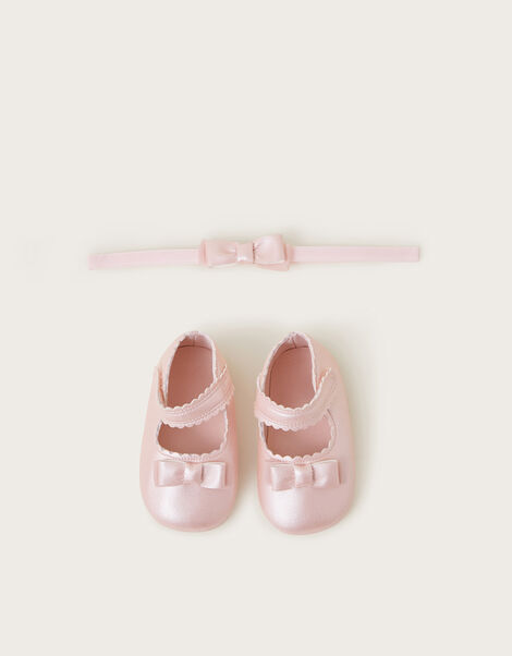 Baby Shimmer Booties and Bow Headband Set, Pink (PINK), large