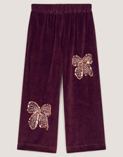 Bow Embellished Velour Trousers, Brown (BROWN), large