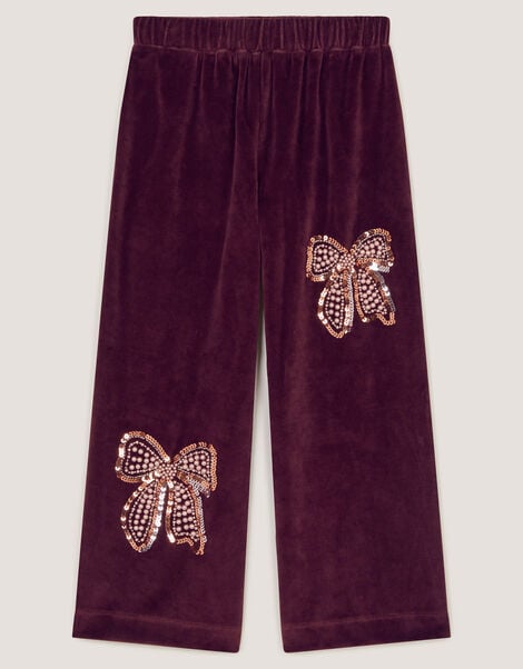 Bow Embellished Velour Trousers, Brown (BROWN), large