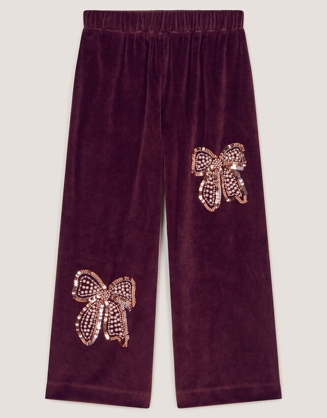 Bow Embellished Velour Trousers, Brown (BROWN), large