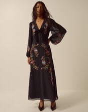 Margot Floral Embroidered Midi Dress, Black (BLACK), large