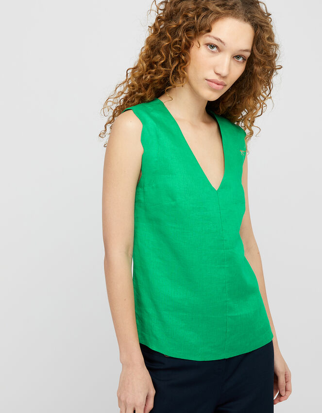 Lotus Scallop Sleeveless Top in Pure Linen, Green (GREEN), large