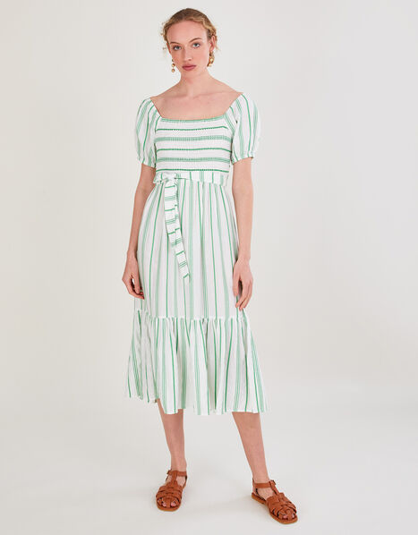 Stripe Jacquard Belted Tiered Dress with LENZING™ ECOVERO™ Green, Green (GREEN), large
