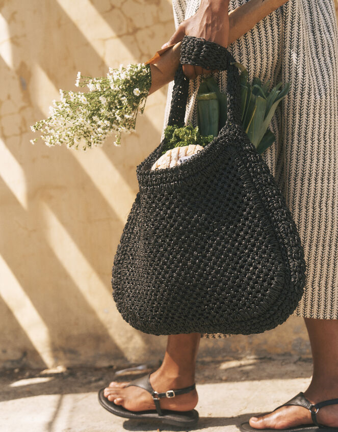 Hari Scoop Raffia Shoulder Bag, Black (BLACK), large