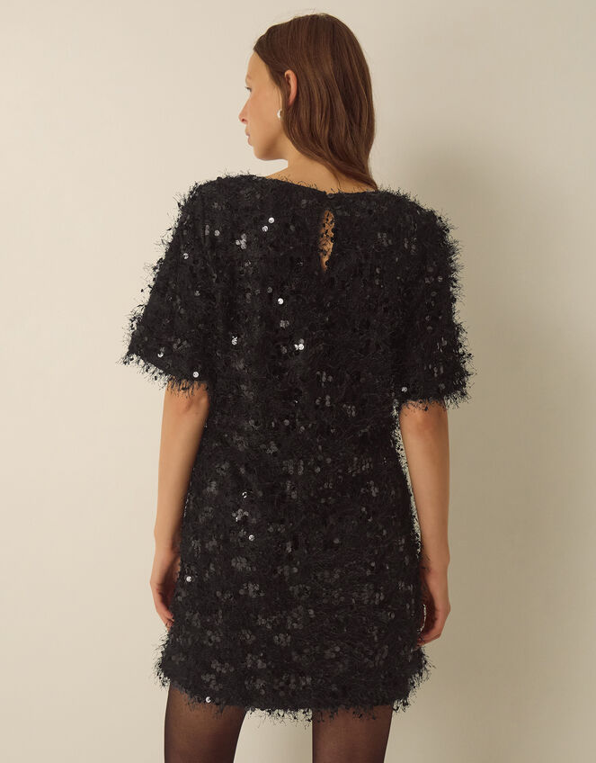 Skylar Short Sleeve Sequin Fringe Mini Dress, Black (BLACK), large
