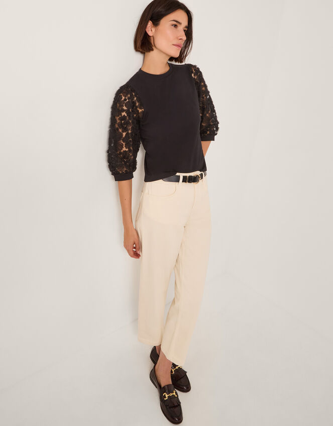 Flavia Sheer Appliqué Sleeve Jersey Top, Black (BLACK), large