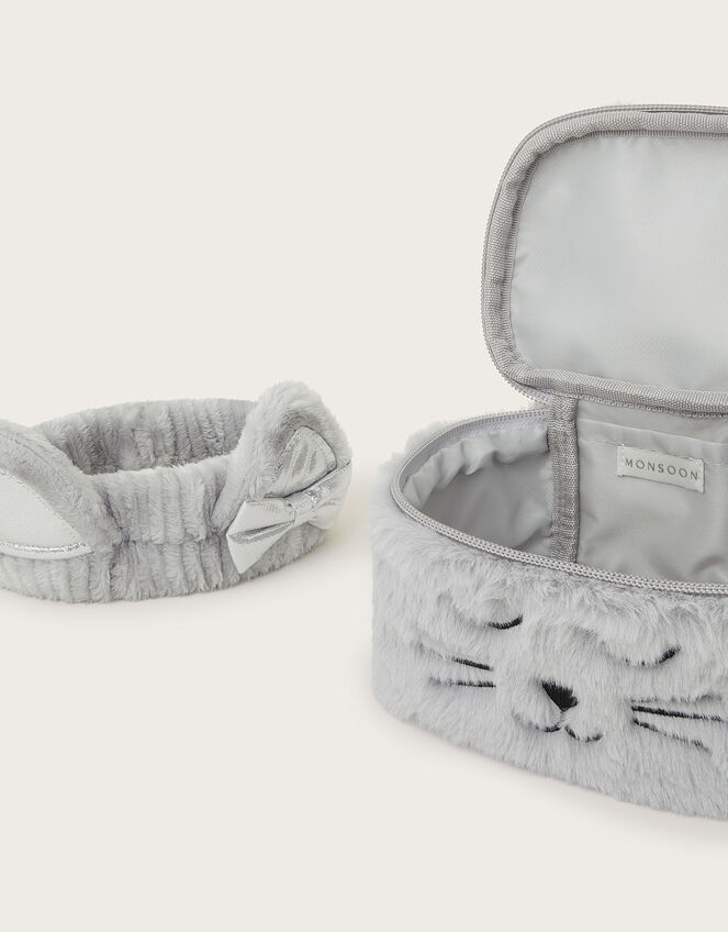 Faux Fur Fluffy Cat Toiletries Bag and Headband Set, , large