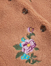 Baby Embroidered Floral Borg Coat, Camel (CAMEL), large