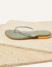 Embellished Trim Suede Toe-Post Sandals, Silver (SILVER), large