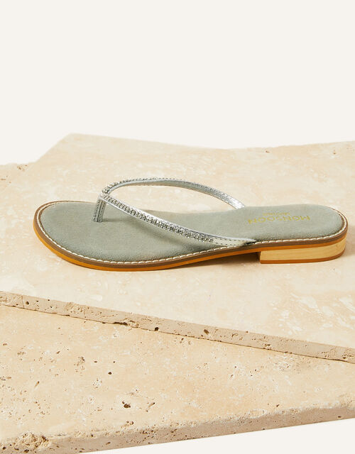 Embellished Trim Suede Toe-Post Sandals, Silver (SILVER), large
