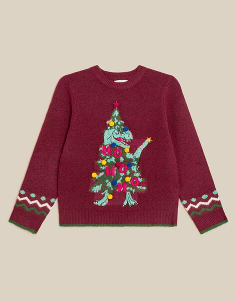 Dino Christmas Tree Crew Neck Jumper, Red (BURGUNDY), large