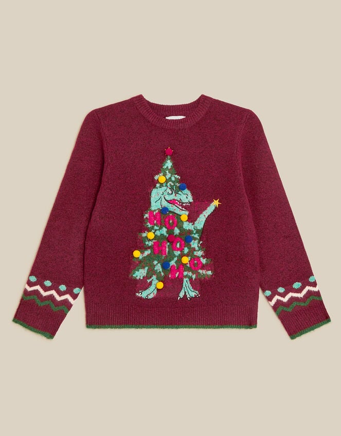 Dino Christmas Tree Crew Neck Jumper, Red (BURGUNDY), large