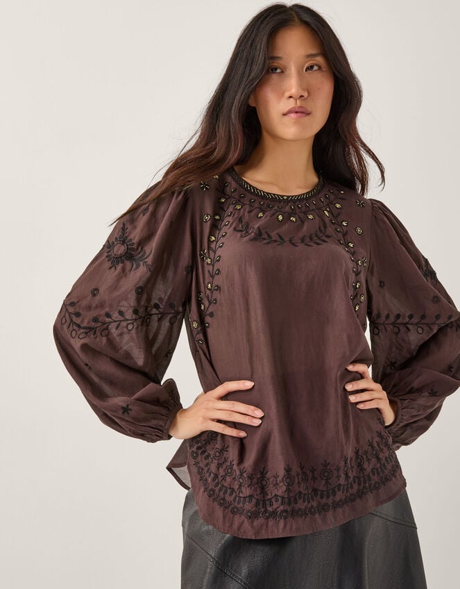 Isabelle Floral Embellished Top, Brown (CHOCOLATE), large